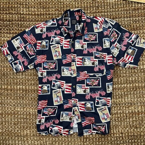USA Flag America Themed Button Down Print Shirt (Large) Cotton Traders Red White - Picture 2 of 5